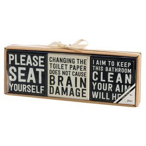 Set of 3 primitive funny bathroom box signs